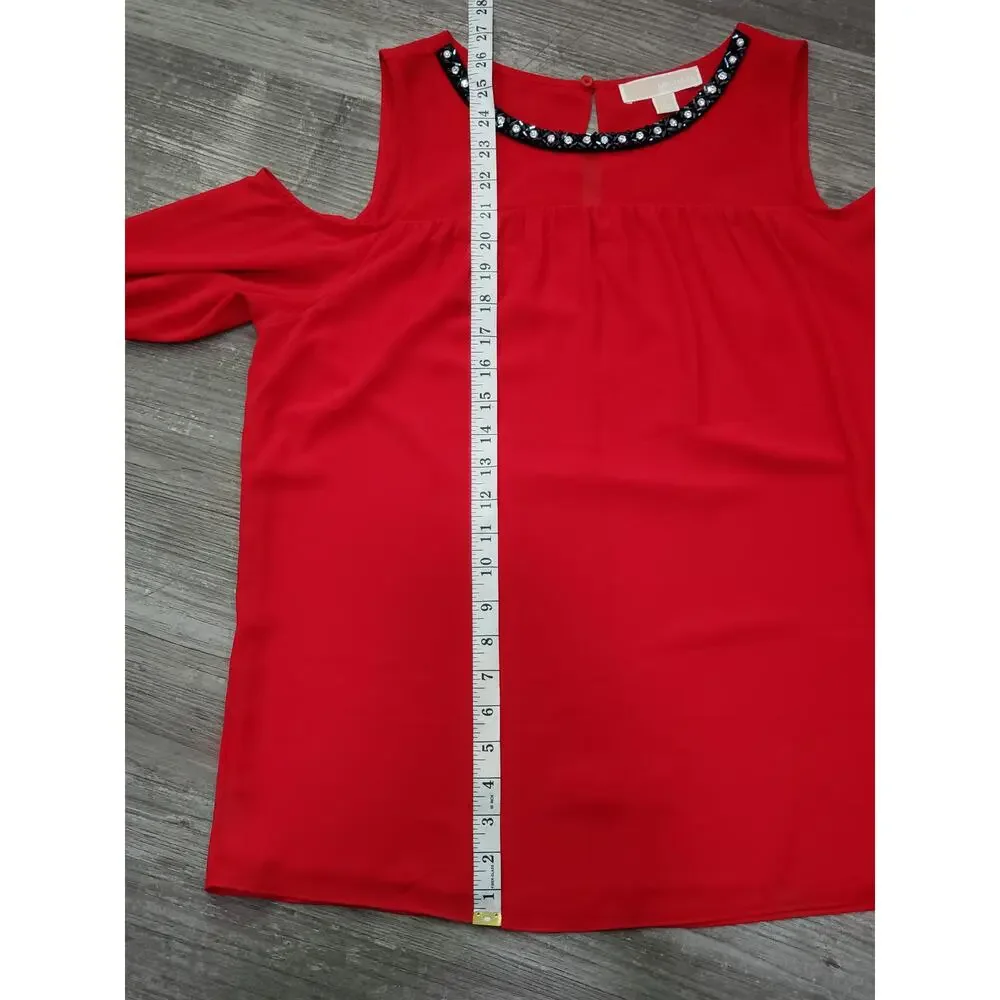 Michael Kors Red Long Sleeve Cold Shoulder Beaded Crew Neck Blouse Shirt Top